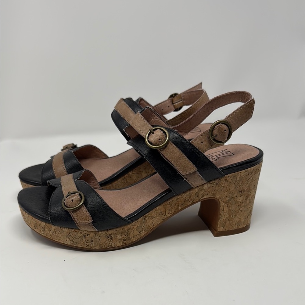 Miz Mooz Elegant Black Chunky Cork Heel Sandals Size 8/38.5